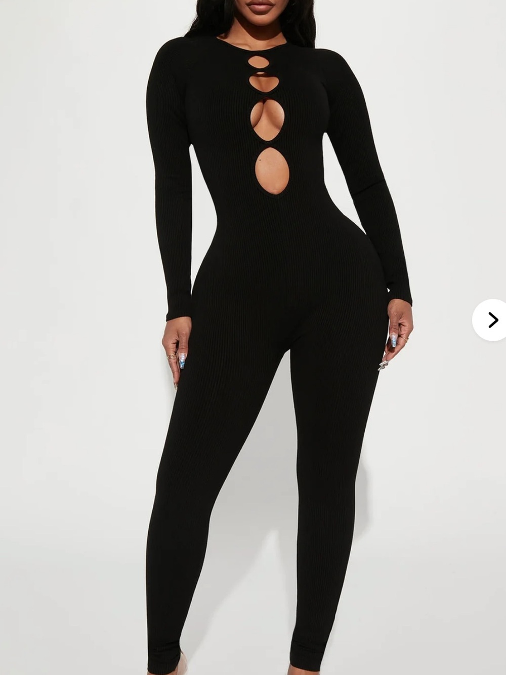Fashion Nova Black Ribbed Cutout Long Sleeve Jumpsuit